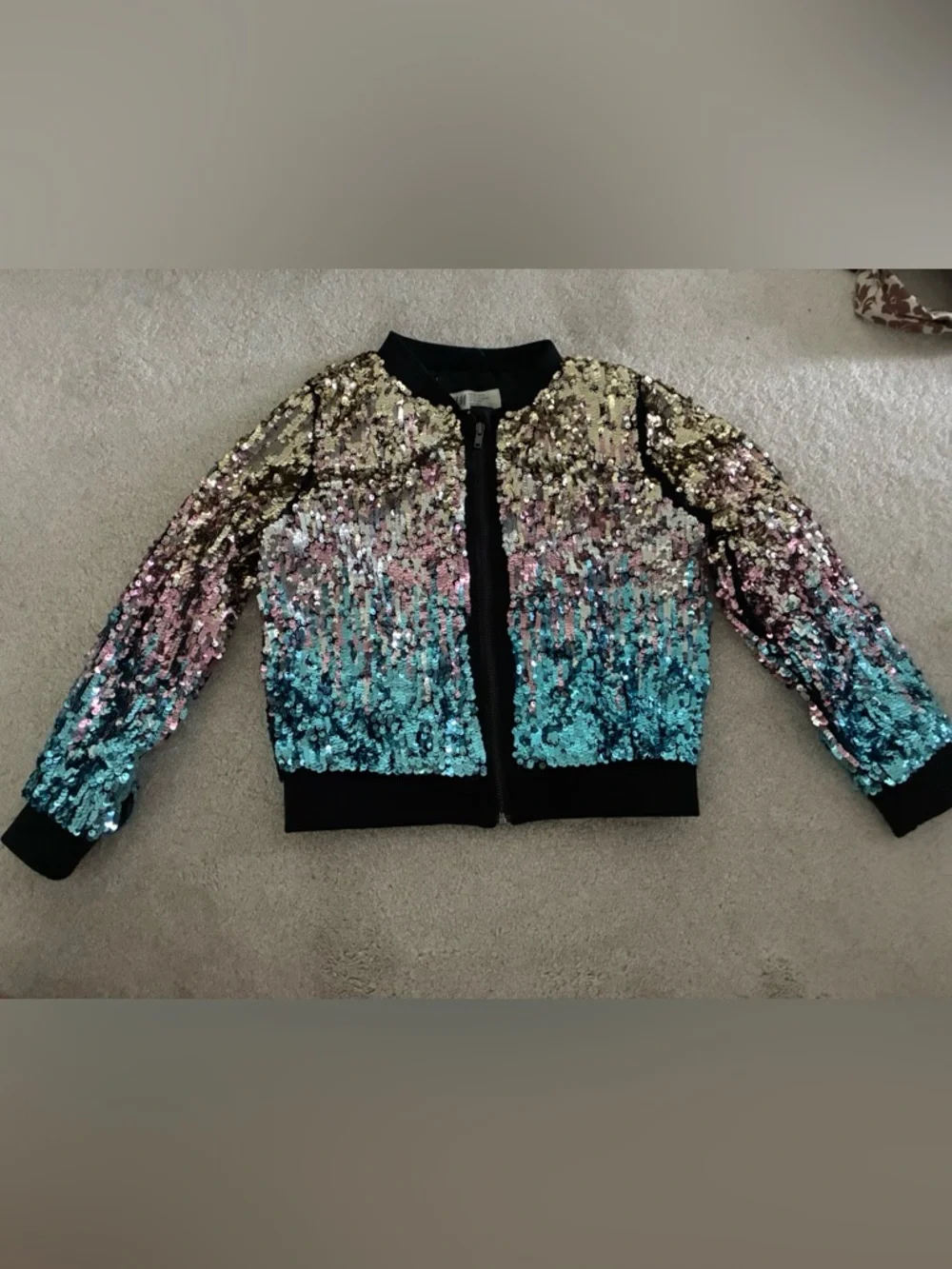 Kids size 6-7y H&M Ombre Sequin Bomber Jacket in Gold, Pink & Teal